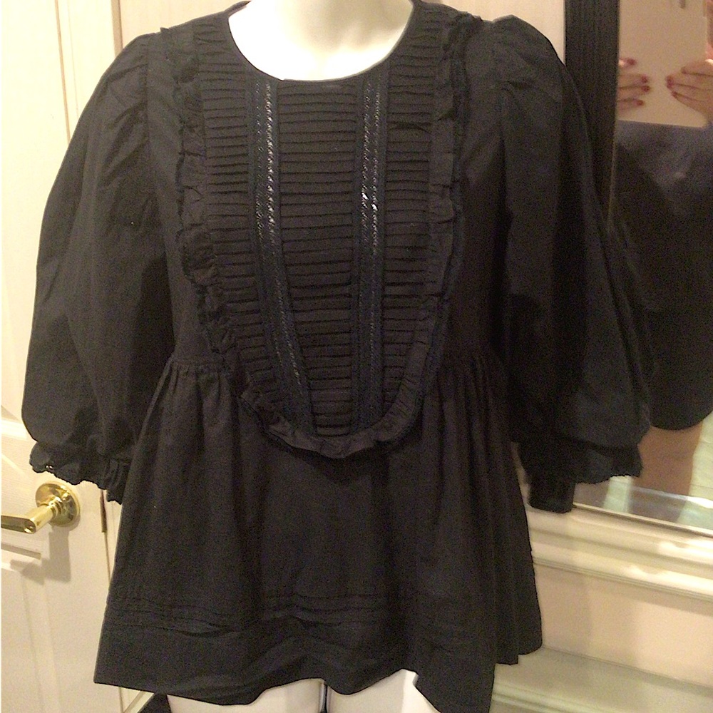 NWOT Black 3/4 sleeve cotton top with ruffles and lace det…
